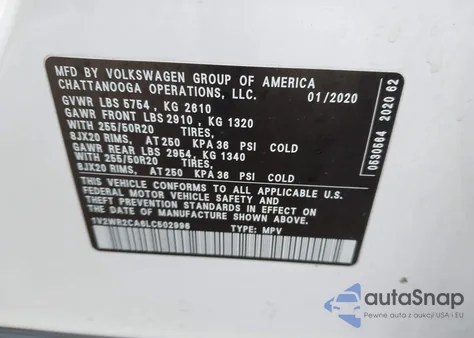 2020 Volkswagen Atlas 3.6L V6 Se W/Technology from USA, damaged, VIN 1V2WR2CA6LC502996